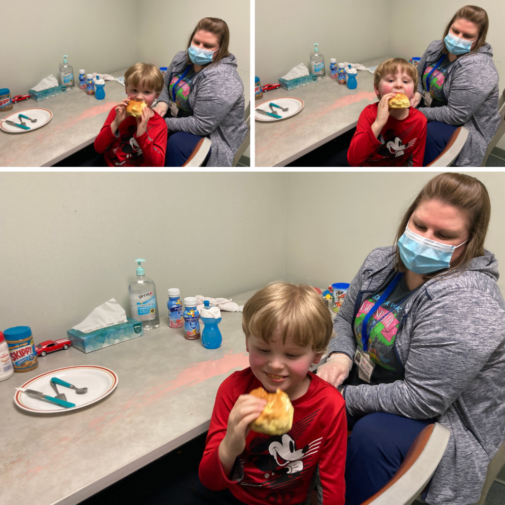 A collage of images showing Carter happily eating a peanut butter sandwich.