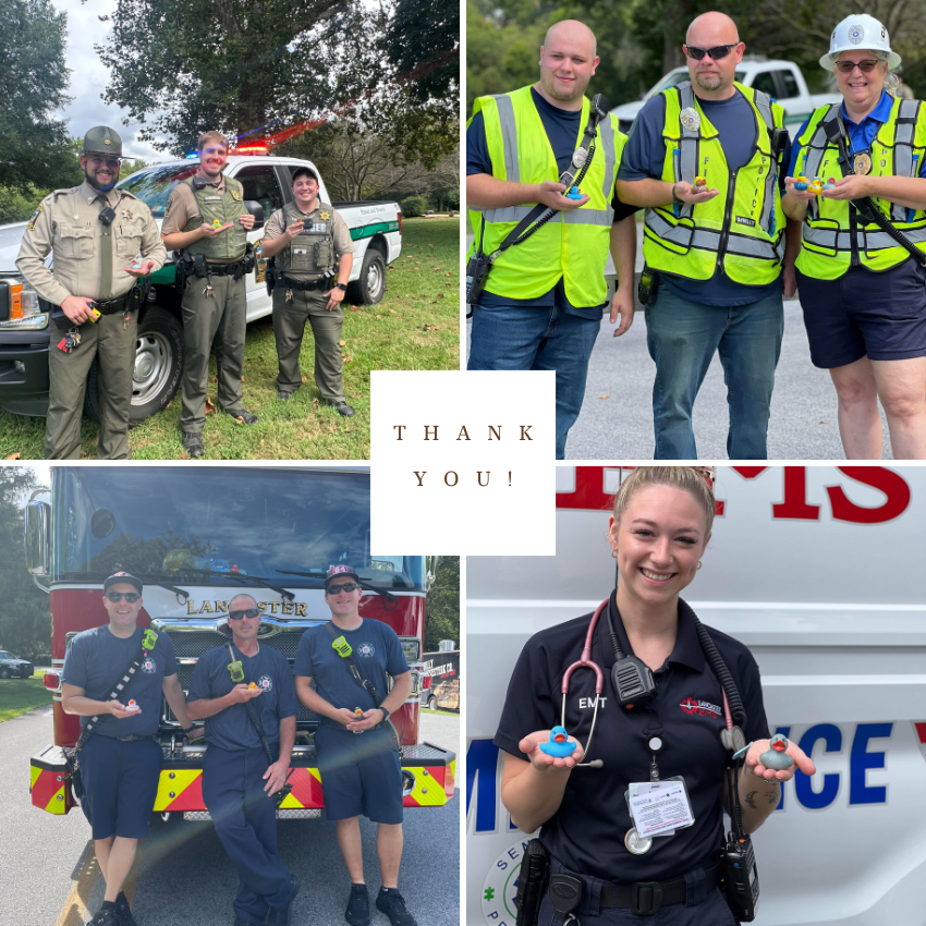 A collage of 4 images of first responders: fire, police, park, and ems with text in the center that says 'Thank You!".