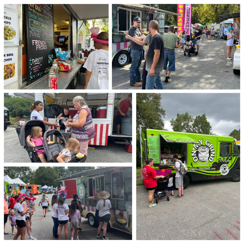 A collage of 5 images of food trucks at an event.