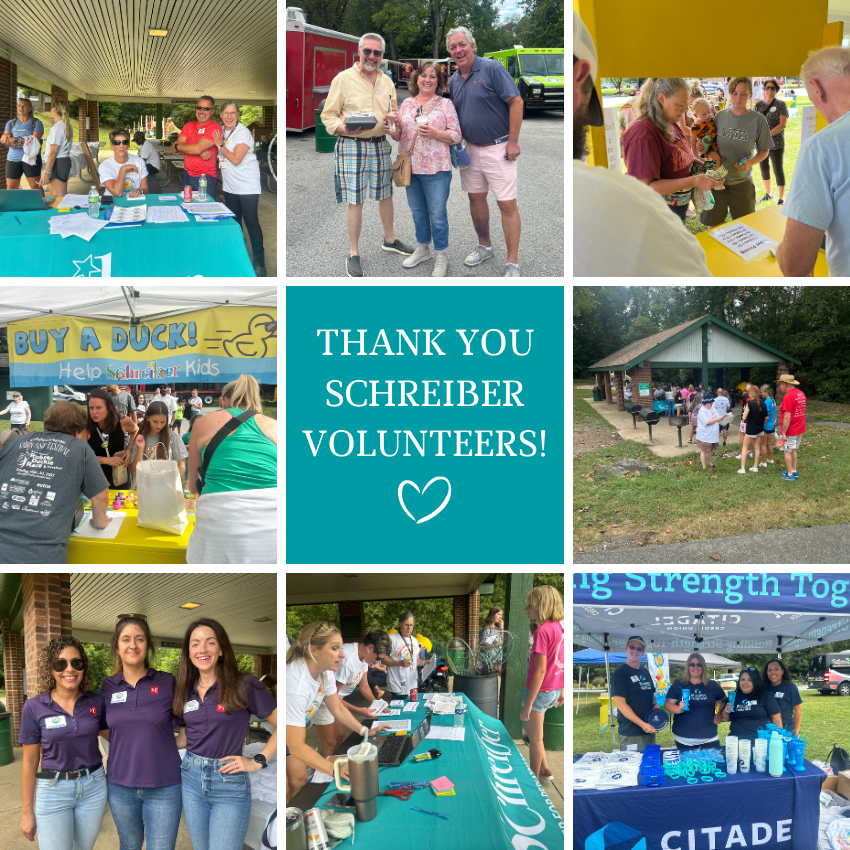 A collage of 8 images of Schreiber volunteers at events with the text 'Thank You Schreiber Volunteers" in the middle.