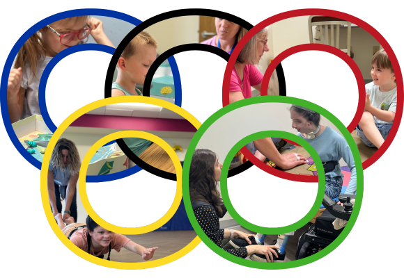 The five rings of the Olympics with images of Schreiber Kids inside the rings of the circles.