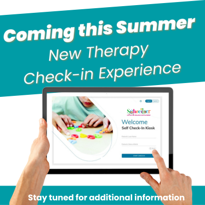 Rendering of a tablet check in screen with the text "Coming this Summer New Therapy Check-in Experience".