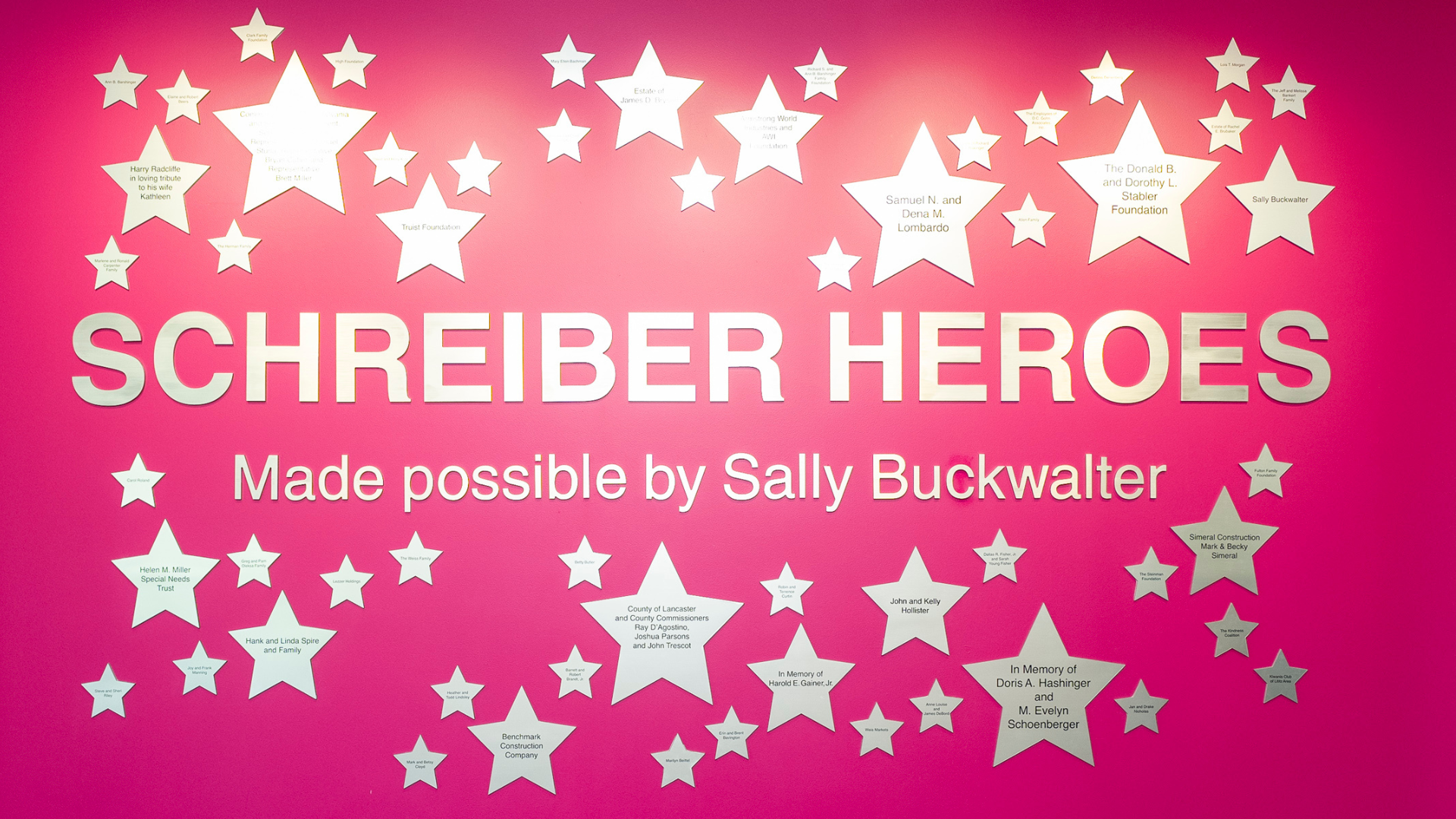 pink wall with gold sponsor stars entitled Schreiber Heros