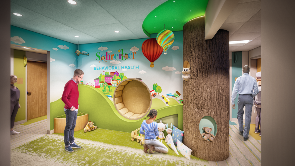 rendering of lobby addition with natural looking seats and cubby, girl playing while adult looks at her